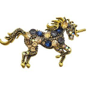 Unicorn blue & amber crystal rhinestone brooch pendant gold tone mythical Sci fi